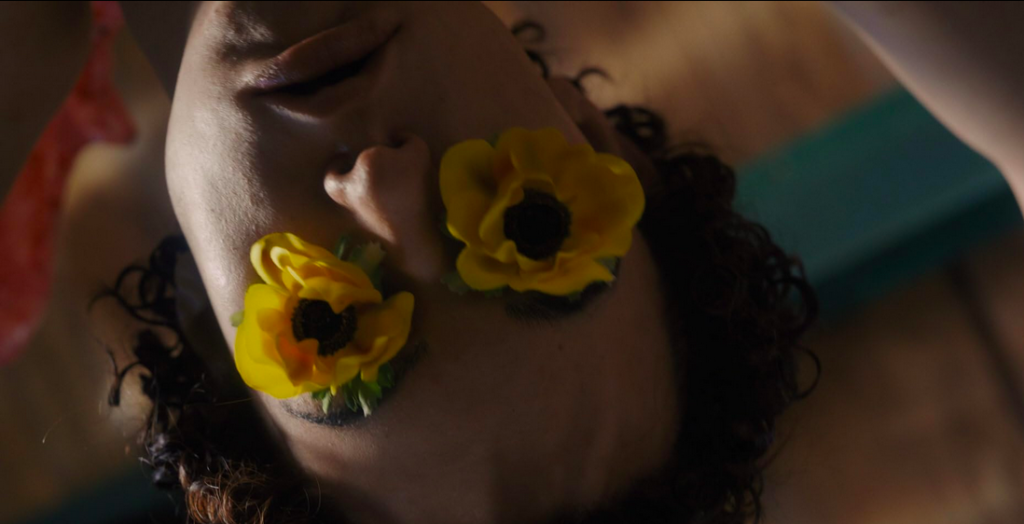 une tête avec des fleurs posées sur les yeux, dans Midsommar